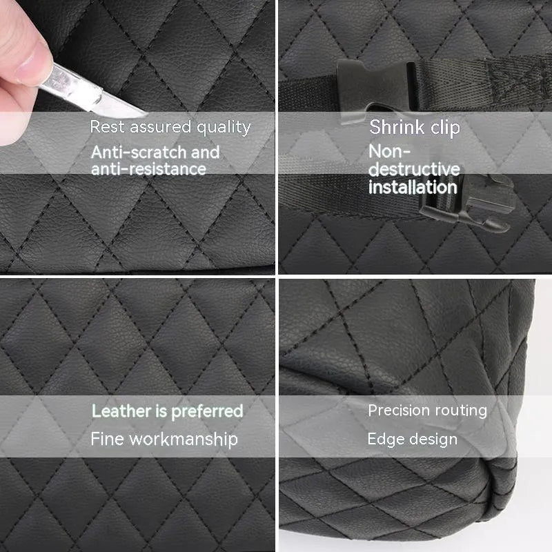 Black leather hanging storage bag and trash can for car interior, showing dimensions of 25cm by 25cm.