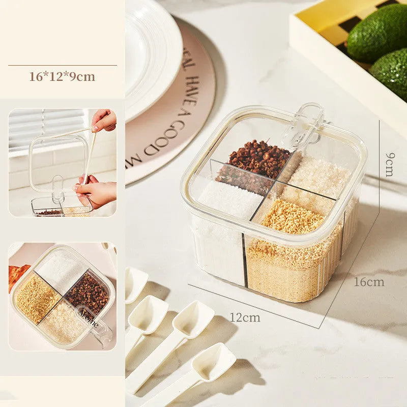 White rotating kitchen storage container with cutlery holder and four-section spice box organiser.