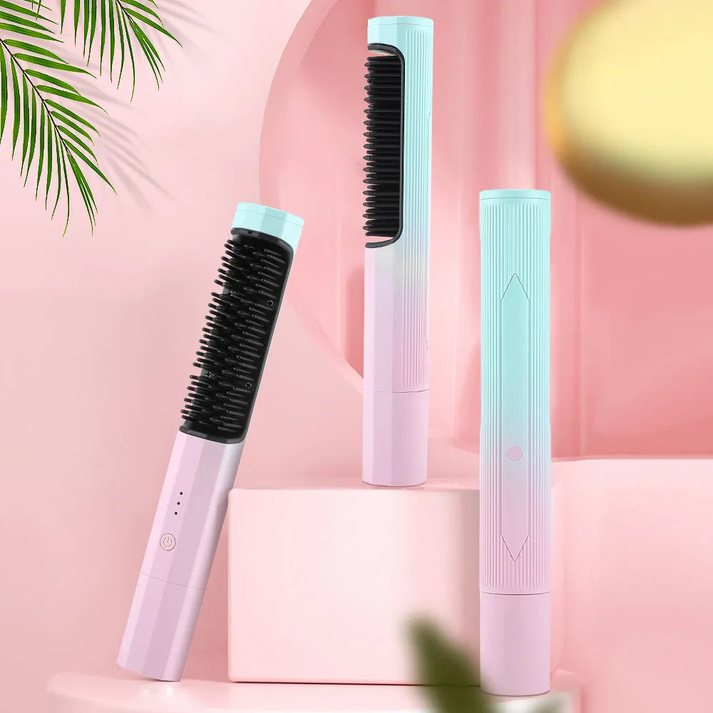 Pink cordless straightening comb with USB charging port and heat-protected comb teeth