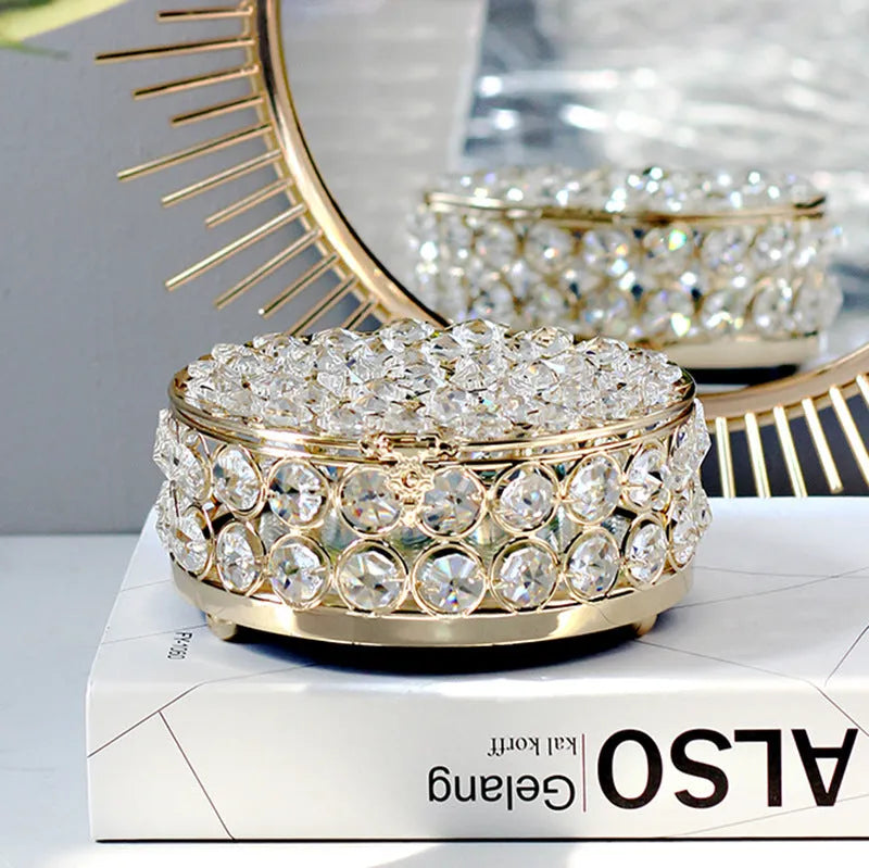 Transparent crystal glass jewelry storage box with a French gold metal frame