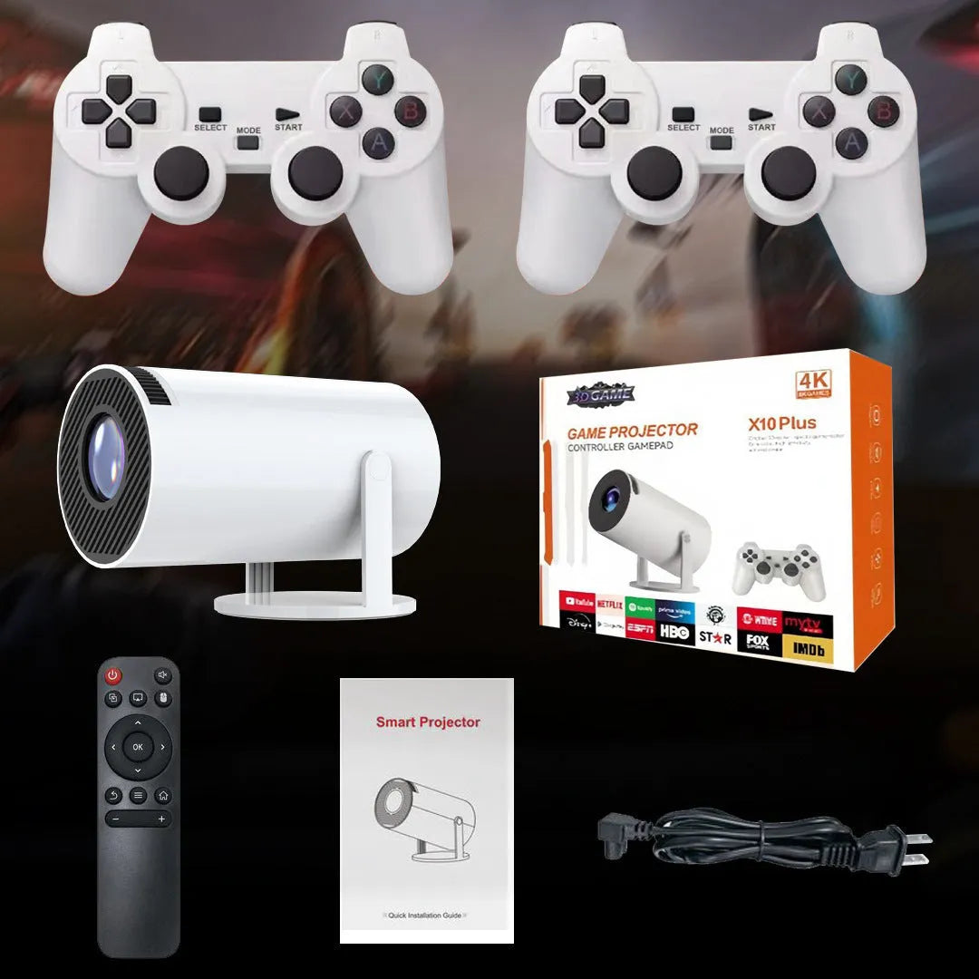 White Barrel X10 PLUS portable projector with gamepad and remote control for home cinema and gaming