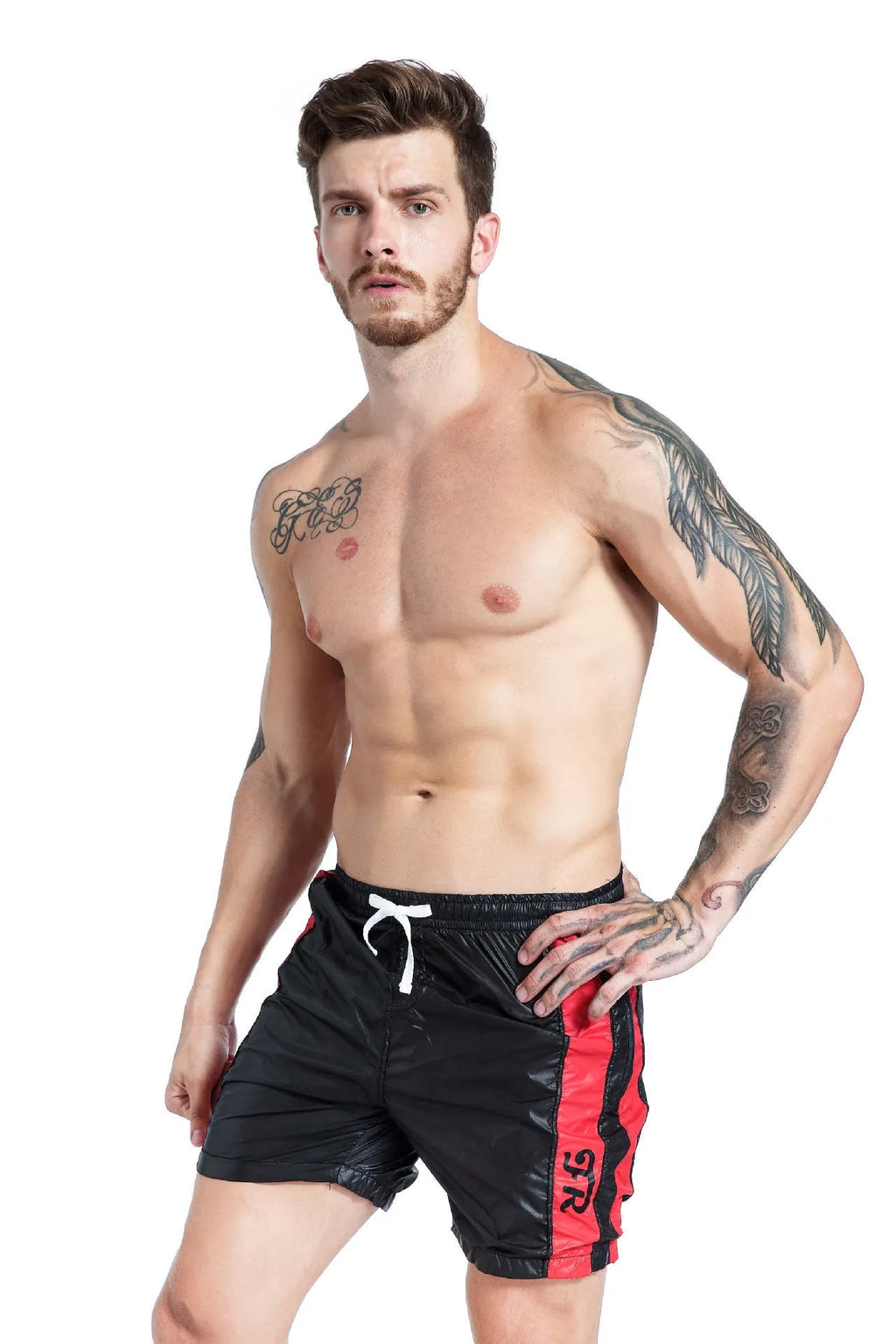 Blue men's lace-up slim-fit sports shorts with built-in padding on a white background.