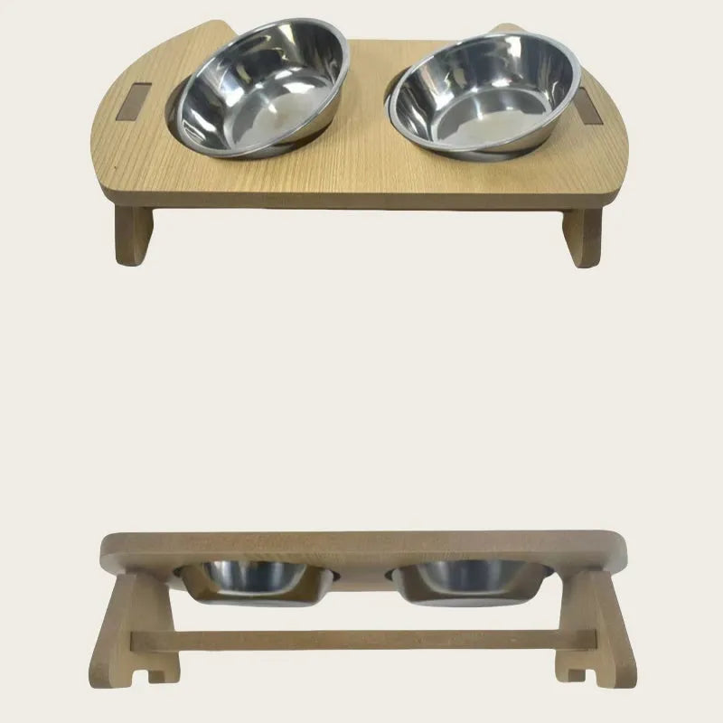 Wooden stand cat feeder with a stainless steel bowl for food and water