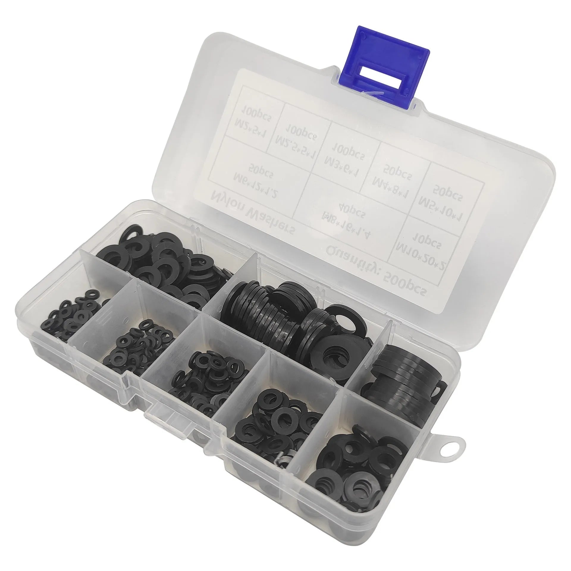500-piece black nylon flat washer assortment kit in open box showing different sizes