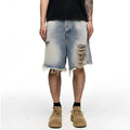 Light blue men's baggy denim shorts with wide leg cut and retro washed finish
