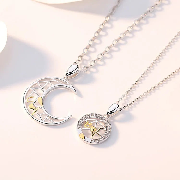 Sun moon couple necklace with copper pendant and cross chain in male and female colour variations