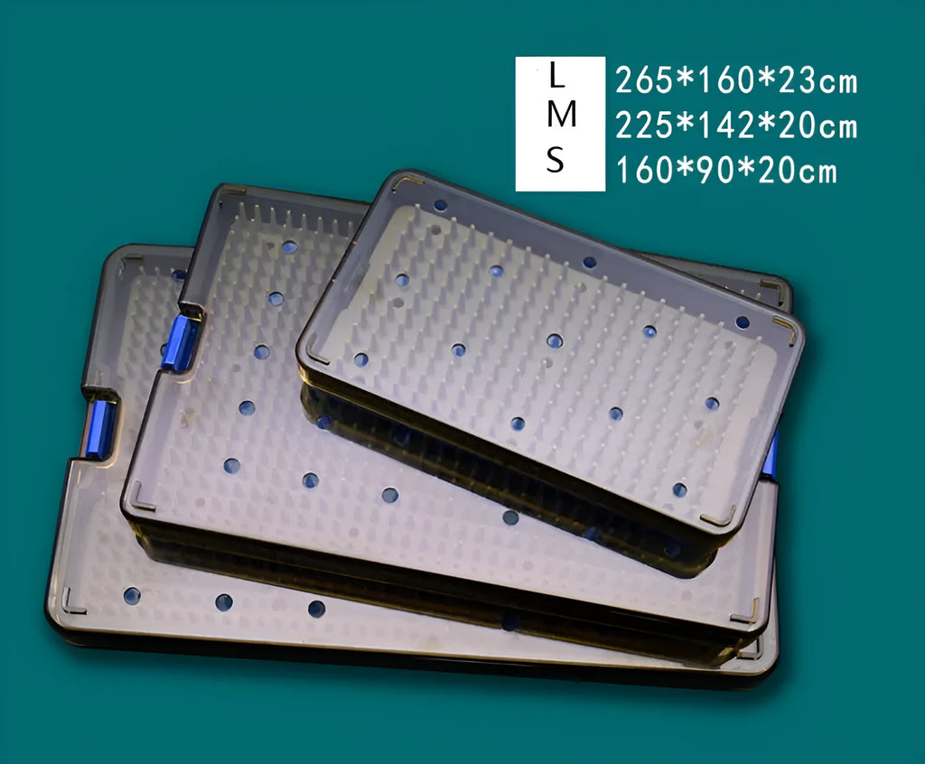 Silicone disinfection box in three sizes for ultrasonic or UV sterilisation of small items.