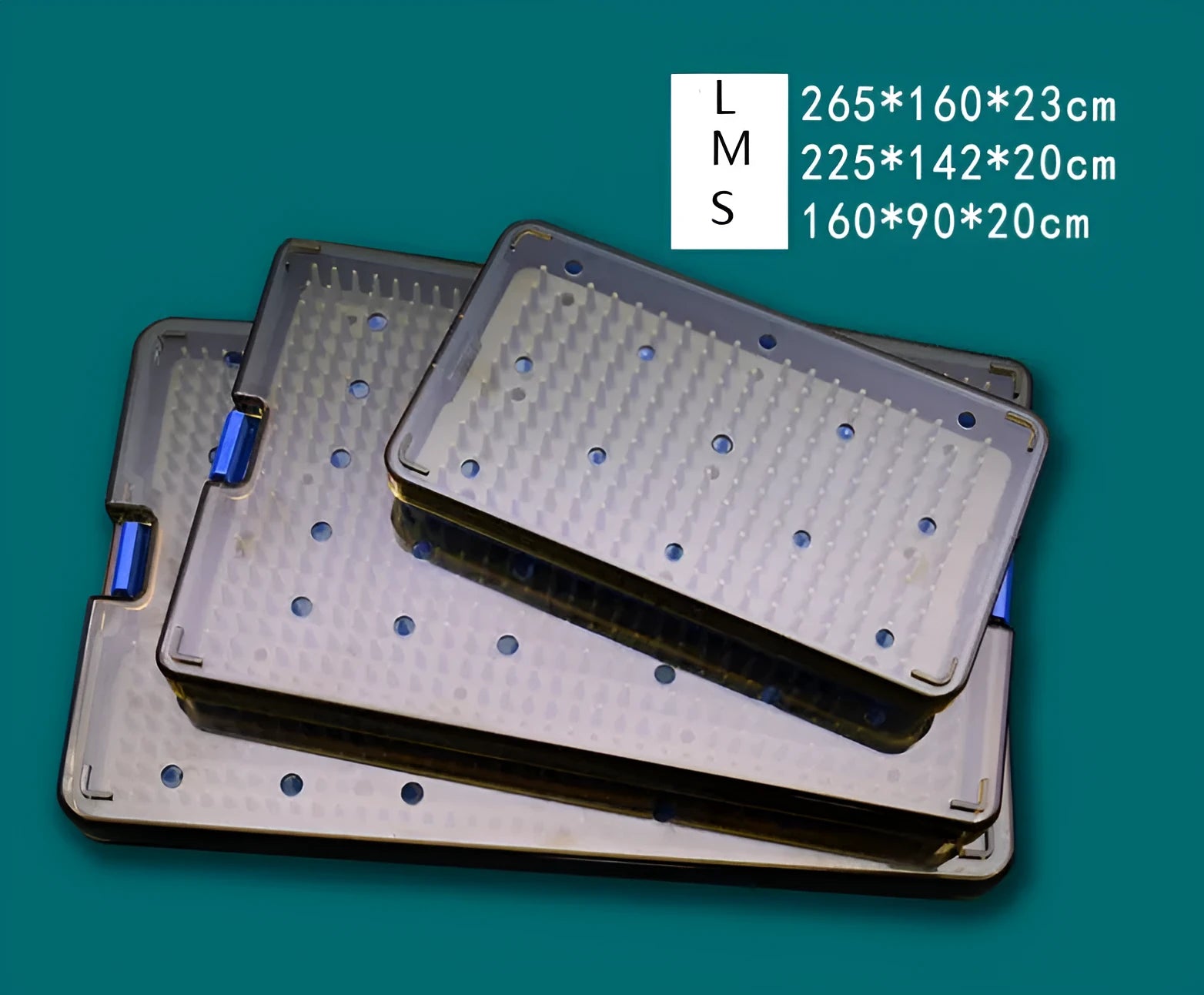 Silicone disinfection box in three sizes for ultrasonic or UV sterilisation of small items.