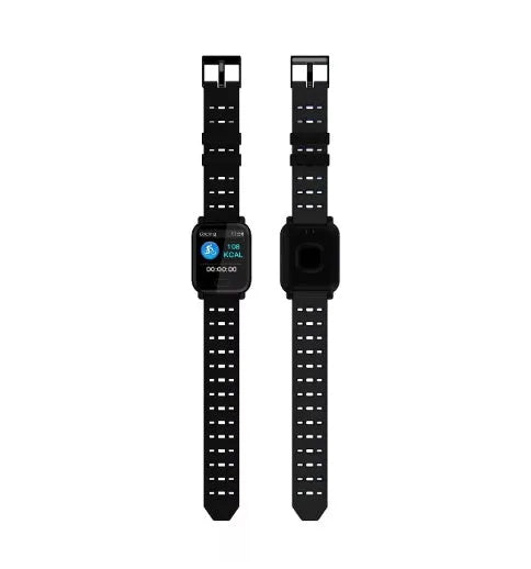 A6 smart bracelet with colour screen and silicone strap shown in black, blue, and orange colour options.
