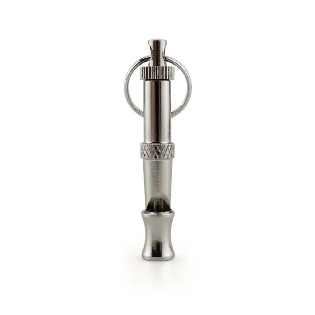 Metallic adjustable ultrasonic dog whistle for bark control and training with brass electroplated nickel construction