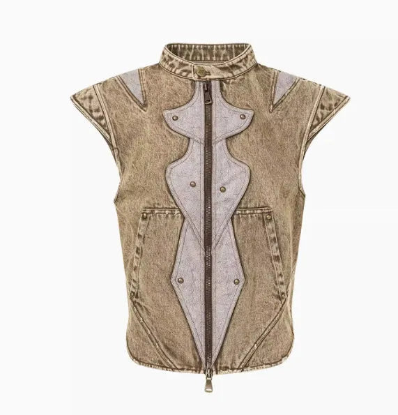 Men's Korean style cotton denim pleated vest with water wash finish in picture colour
