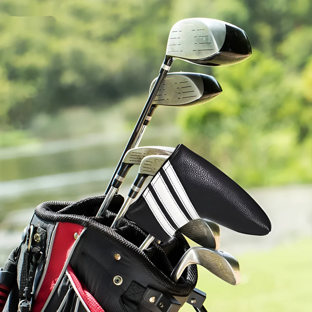Black PU leather sleeve case for protecting a golf push rod shaft.