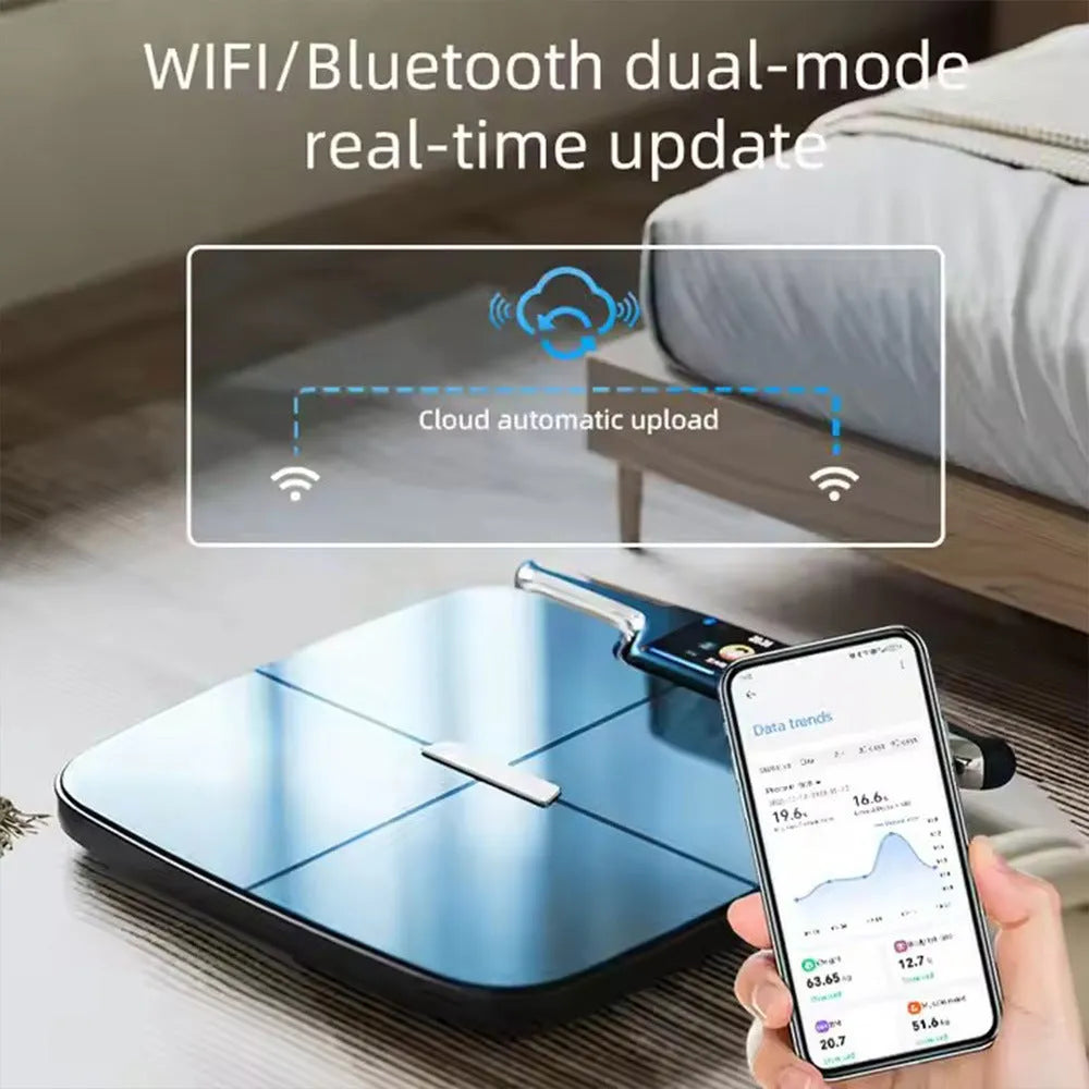 Black eight-electrode body fat intelligent weighing scale on a bathroom floor