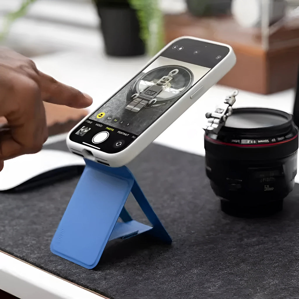 MOVAS leather magnetic phone holder case showing dimensions 96.5mm x 63.5mm in grey colour