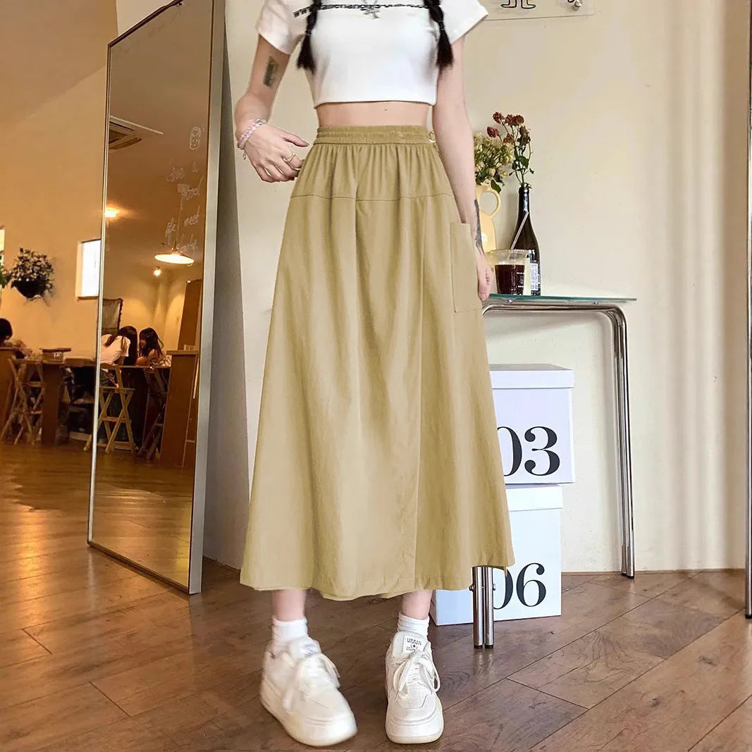 Camel-colour women's wide-leg cropped skirt with elastic waist and quilting details