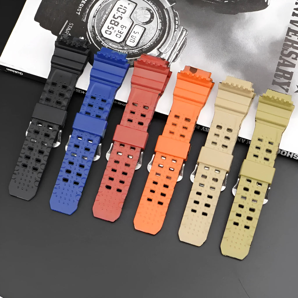 Camouflage pattern TPU rubber watch strap with silver buckle on a grey background.
