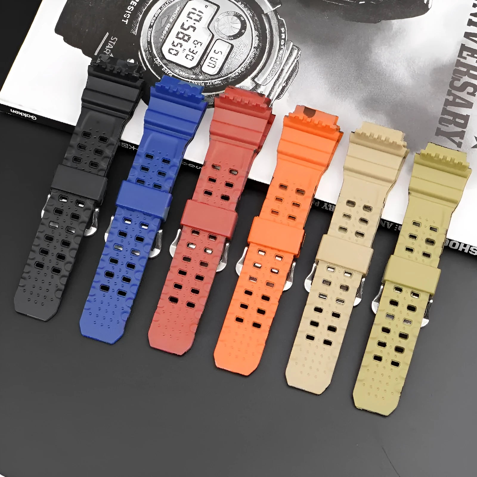 Camouflage pattern TPU rubber watch strap with silver buckle on a grey background.
