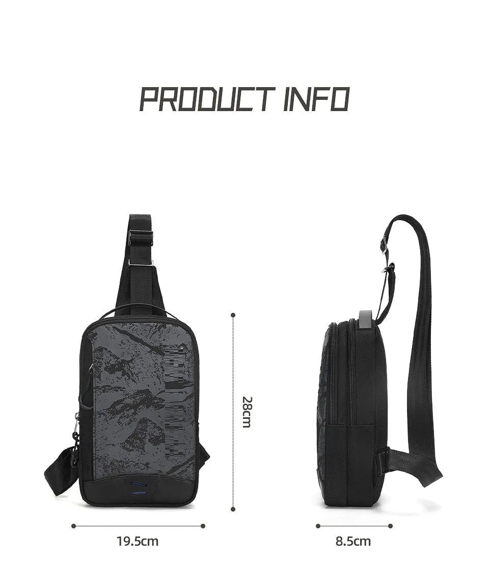 Casual black camouflage pattern chest bag with a single shoulder strap and soft handle.