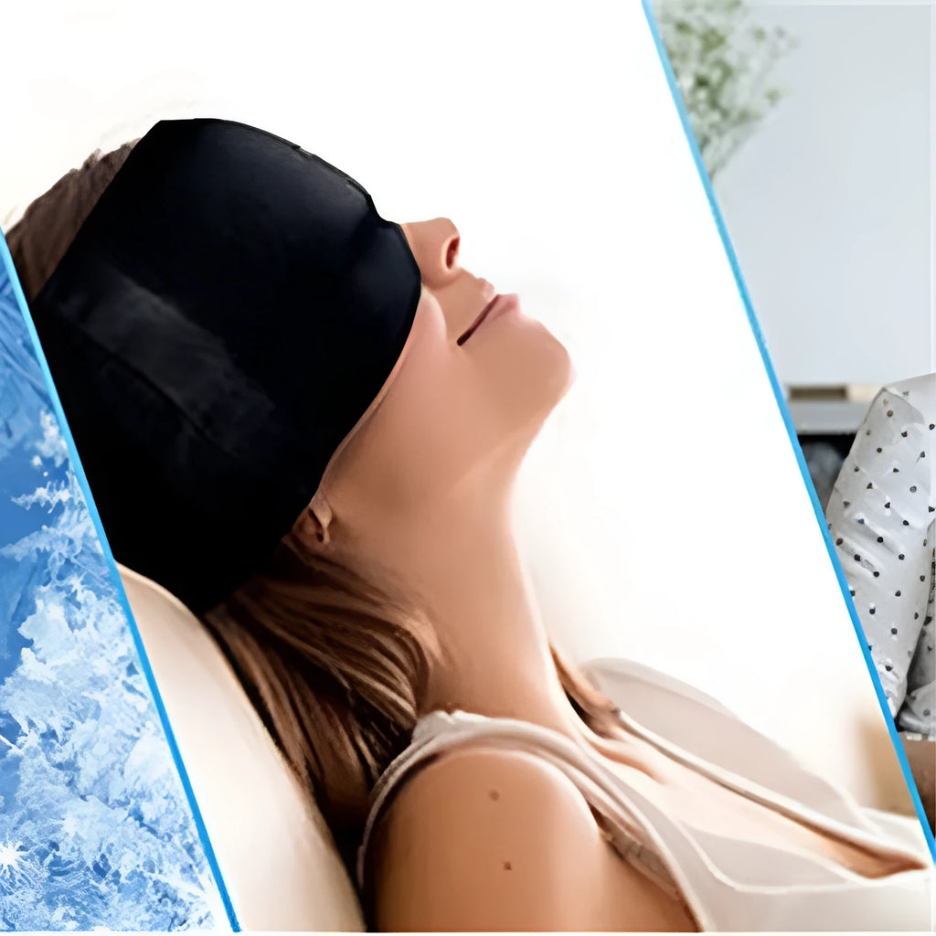 Black elastic gel eye mask for headache relief with adjustable headband on grey background
