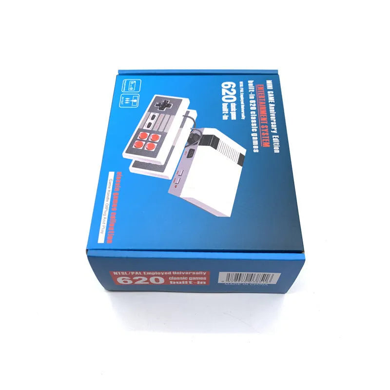Black NES 8-bit retro game console with two rectangular controllers on a white background.