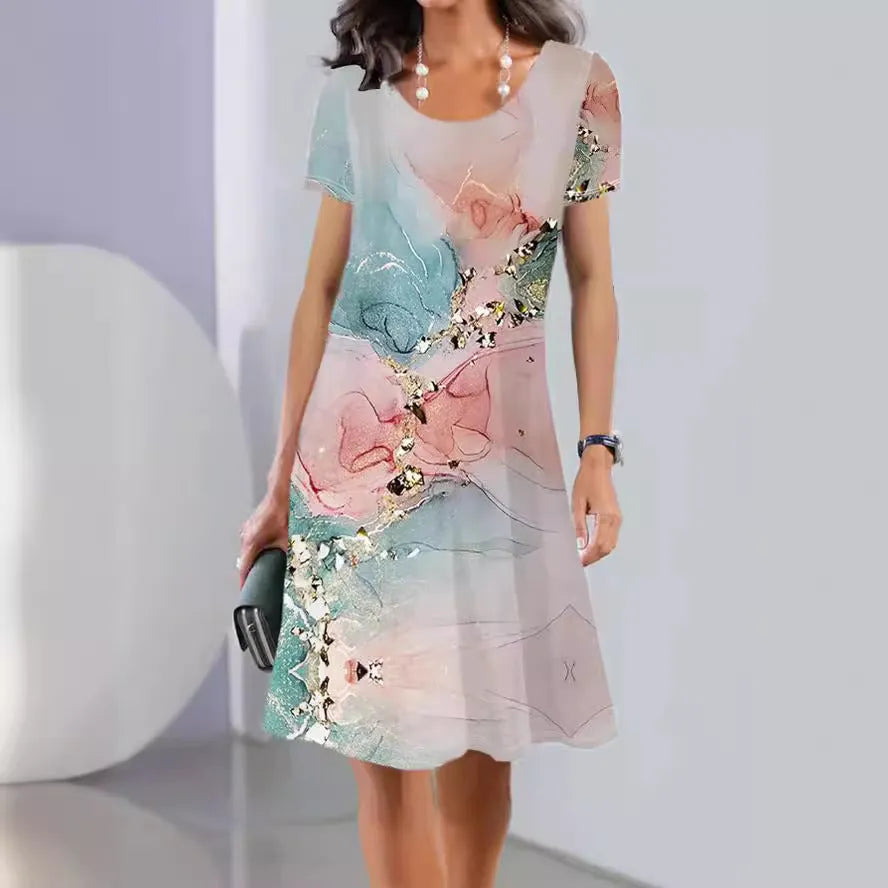 Light blue floral print mid-length A-line dress with short sleeves and a round neck.