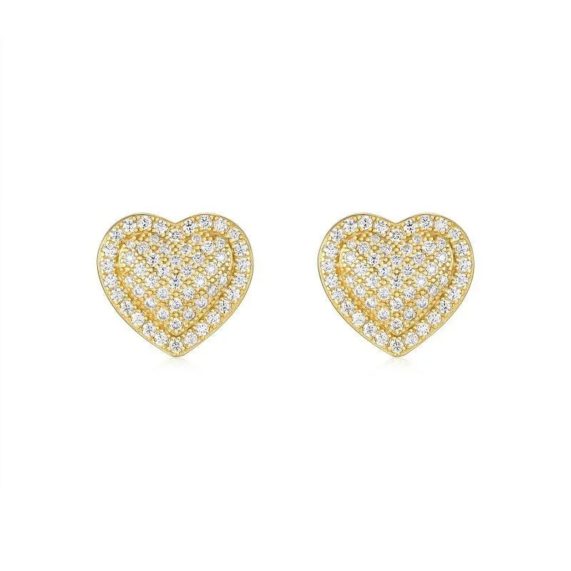 S925 silver gold moissanite heart-shaped stud earrings on white background