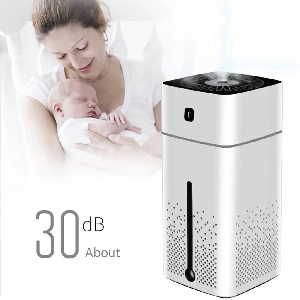Black or white desktop humidifier with 1000ml capacity and USB power connection for home office use