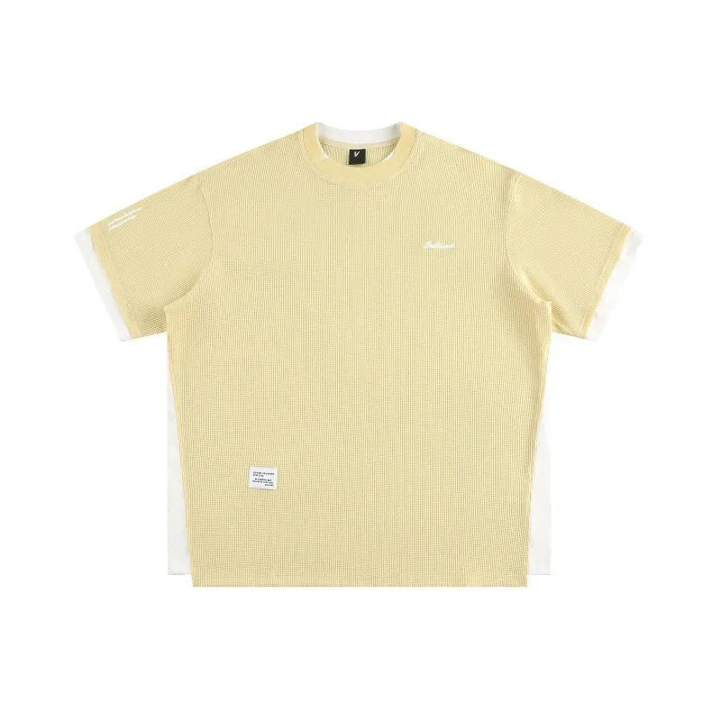 Retro alphabet embroidered waffle short-sleeved T-shirt in loose fit pullover style