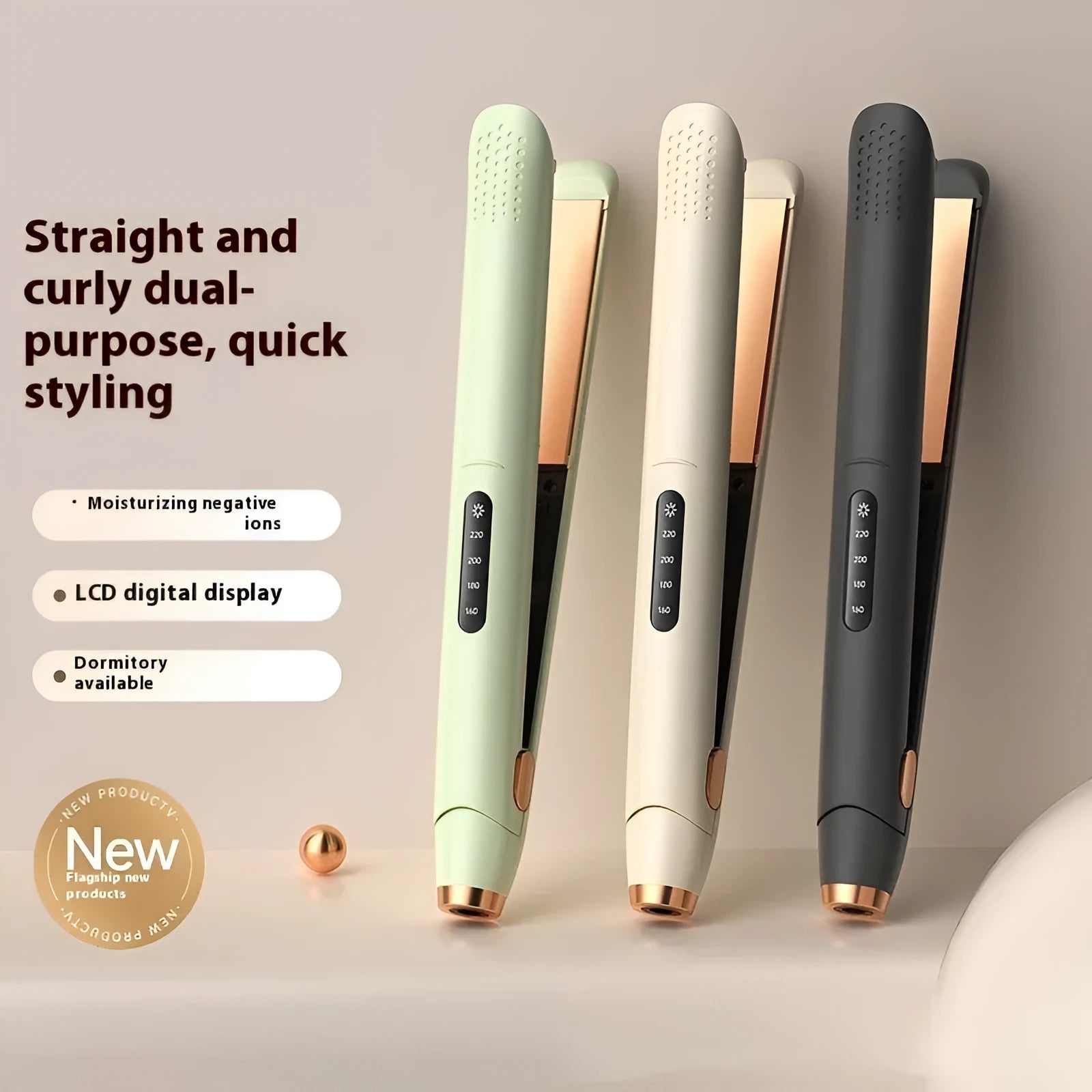 LCD screen hair straightener with temperature control in almond white, glory black, or olive green colours