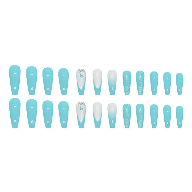 Solid colour long ballet false nails with blue diamond glitter and adhesive glue
