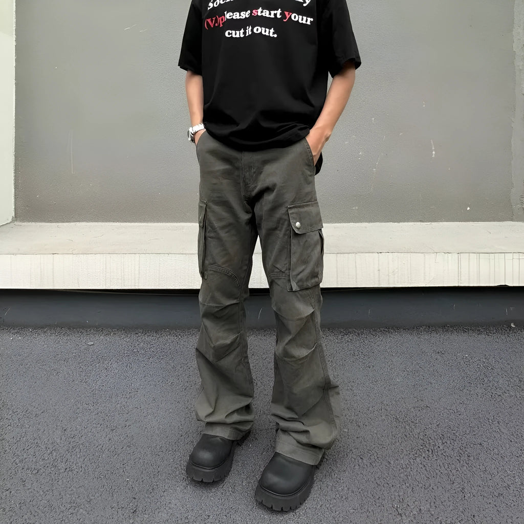 Men's retro high-street straight leg cotton trousers in black