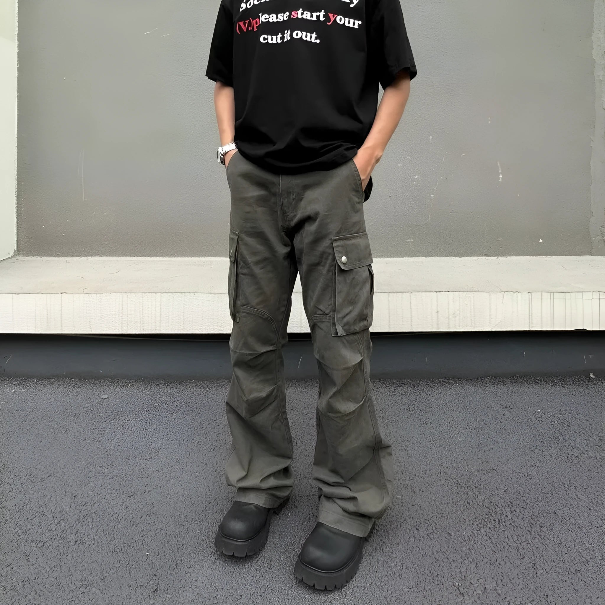 Men's retro high-street straight leg cotton trousers in black