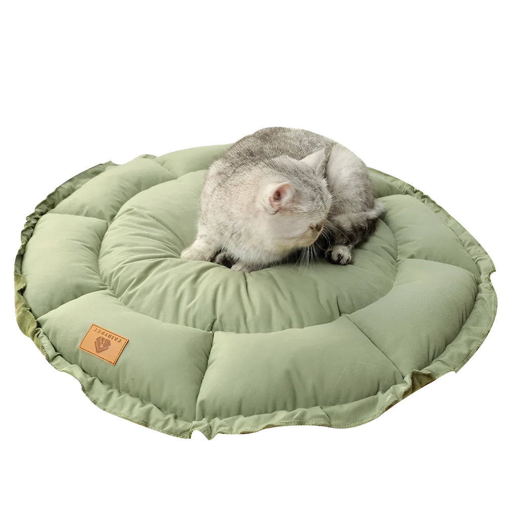 Grey reversible donut-shaped cat bed with raised rim, shown next to a green version of the same bed.
