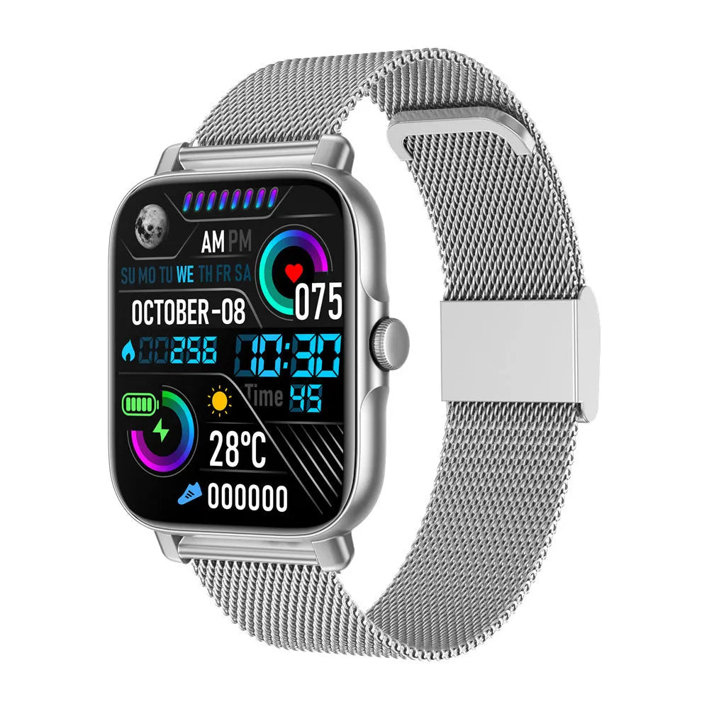 Magnetic Charging Smartwatch Sports Model with aluminium alloy watchcase in silver steel finish on wrist showing Bluetooth calling and touch operation