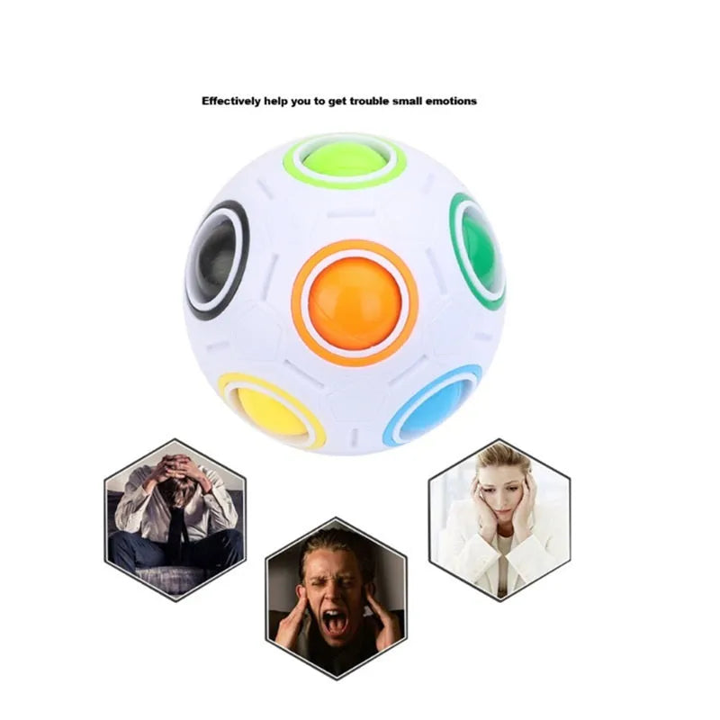 7cm diameter rainbow coloured plastic ball puzzle with visible internal coloured balls.
