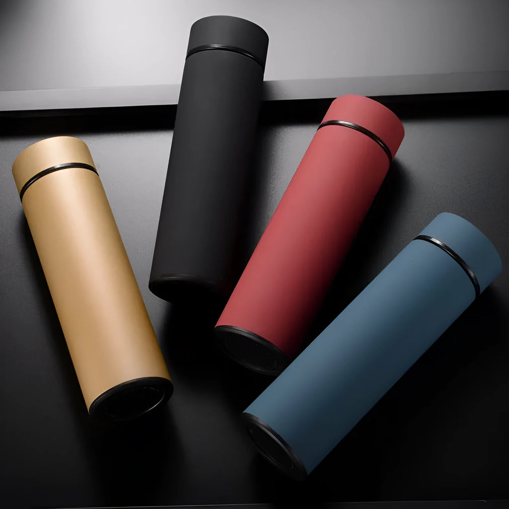 450ml straight cup stainless steel water bottle with vacuum insulation and arrow mouth in black, red, gold, and blue colours.