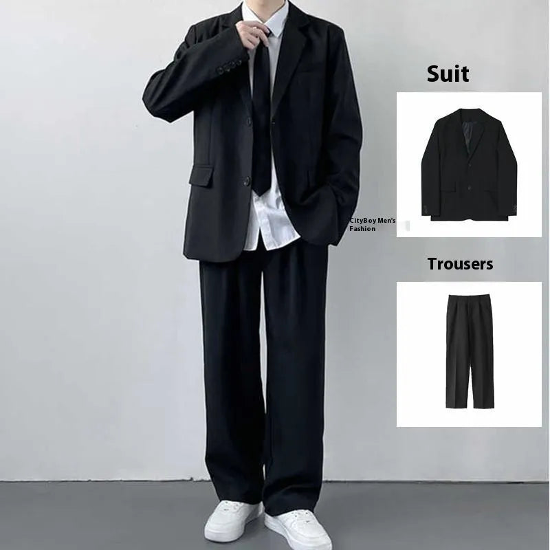 Plus size men's grey suit jacket and trousers set with white shirt and blue tie on a hanger