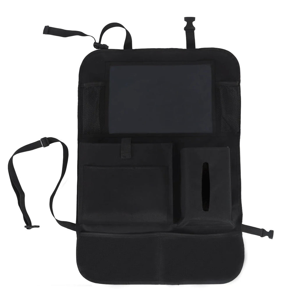 Car seat back storage pouch with 9 storage bags and transparent iPad pocket in black mounted on a car seat