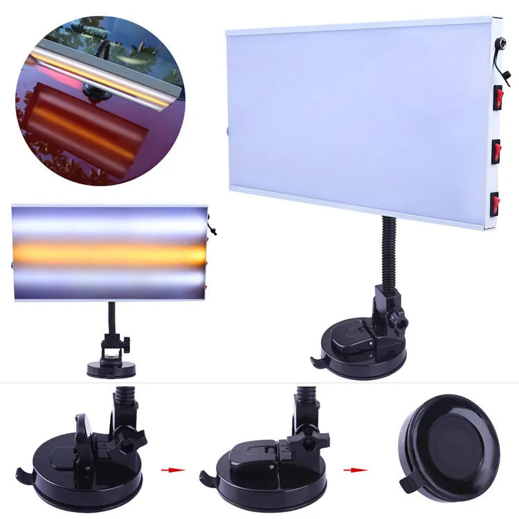 White MPT X009 car dent repair detector suit and concave inspection light on a workbench.