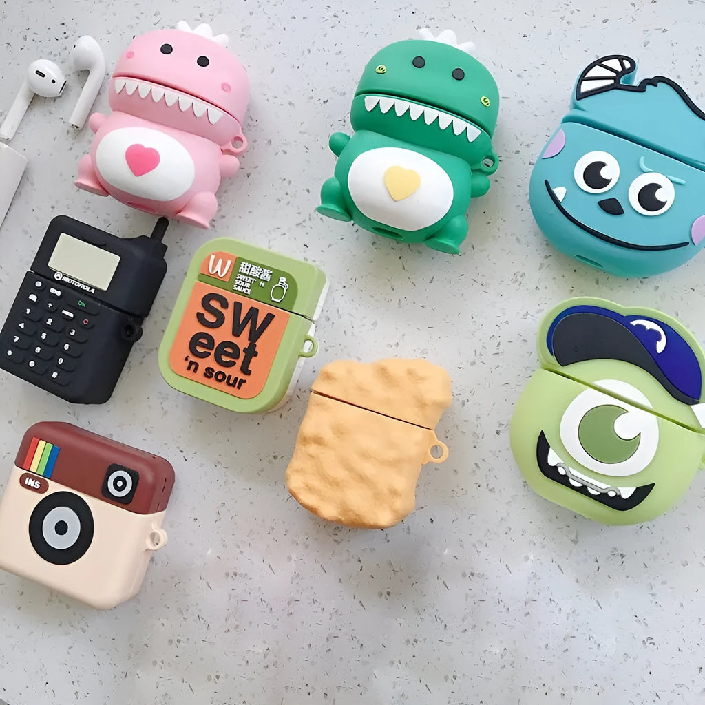 Silicone AirPods case with cartoon animal design in multiple colours