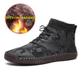 Pair of men's black socks high-top shoes with hand-painted cloth upper and rubber sole for casual winter wear