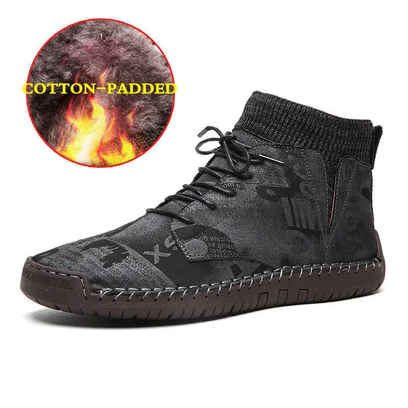 Pair of men's black socks high-top shoes with hand-painted cloth upper and rubber sole for casual winter wear