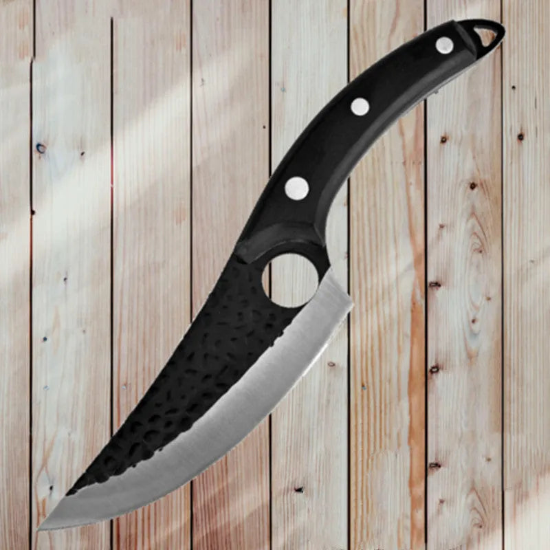 Butcher scimitar knife with curved blade and leather sheath for slaughtering and skinning animals