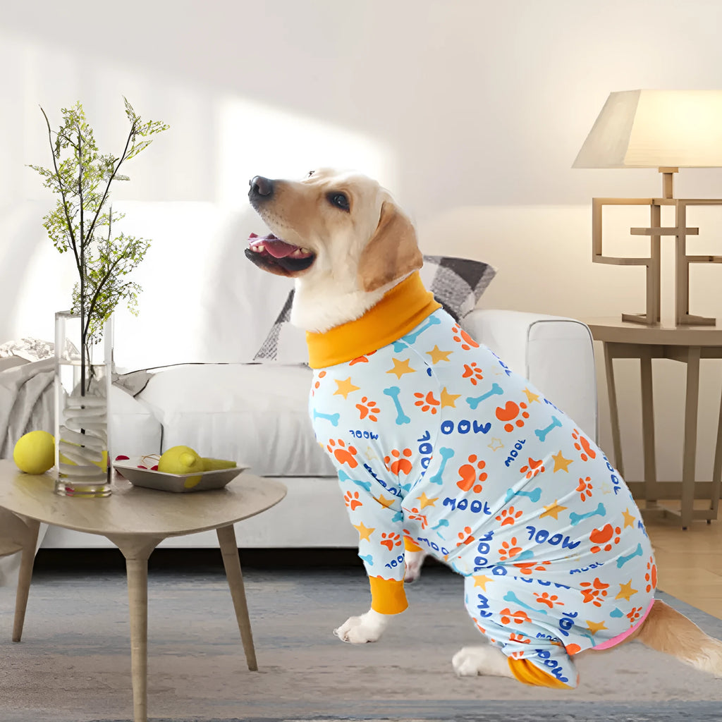 Cotton dog jumpsuit four-legged pet clothing in a colour from the CF26-CF33 range, shown on a mannequin.
