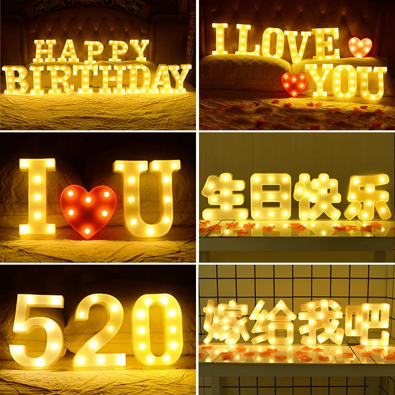 Plastic LED letter light spelling 'Happy Birthday', 22cm tall with illuminated decoration.