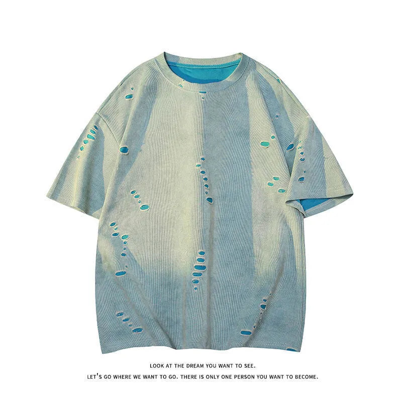 Men's grey loose-fit ripped short sleeve cotton blend T-shirt on a hanger.