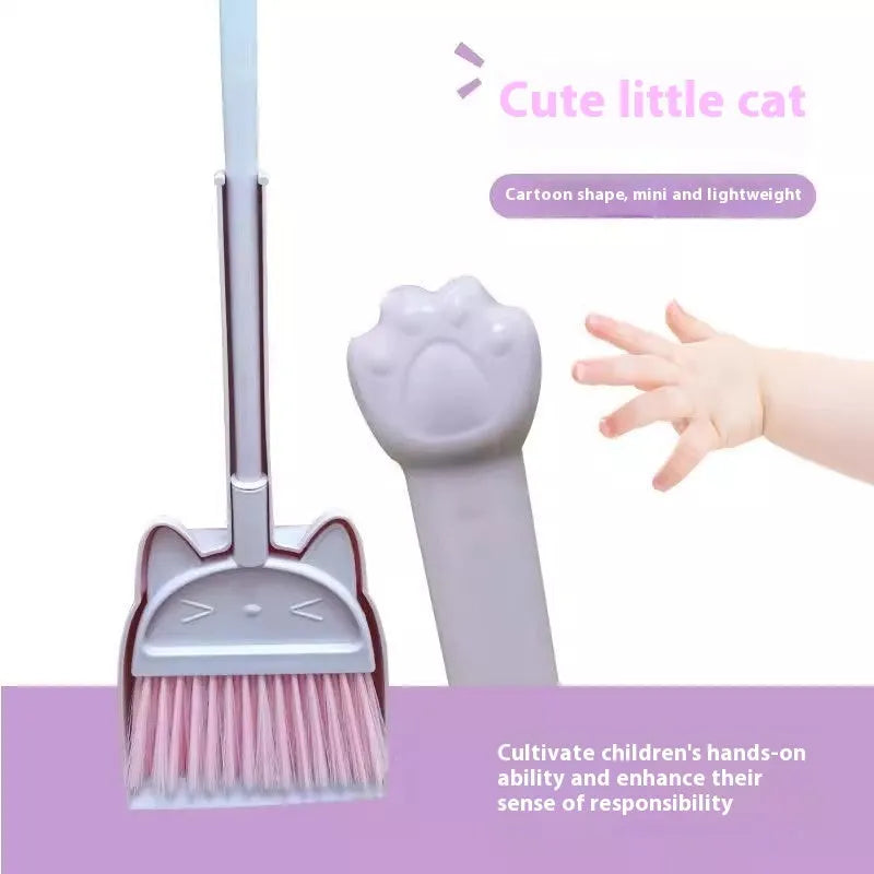 Purple broom and dustpan set with rotating brush holder for household floor cleaning