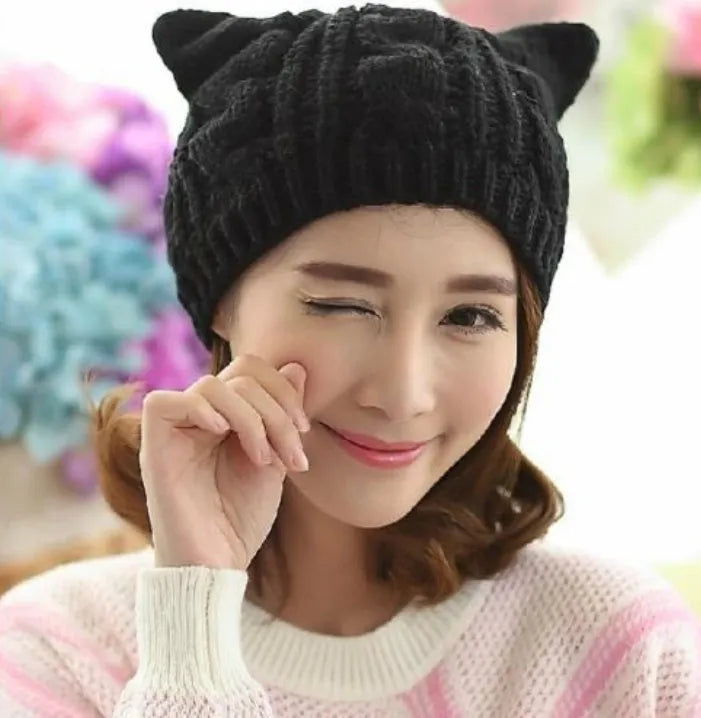 Handmade knitted winter beanie with 3D cat ears in wool material