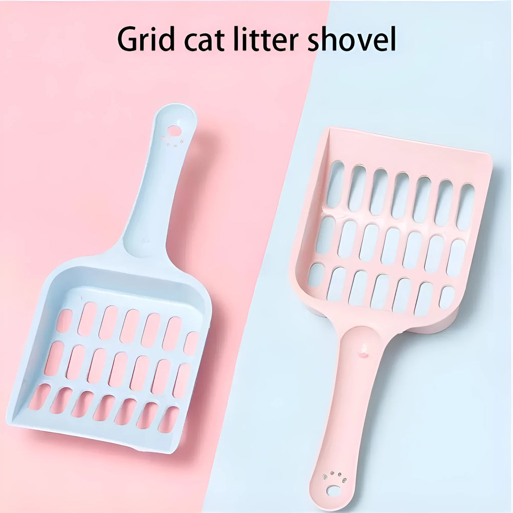 Blue plastic cat litter scoop for cleaning pet litter trays, shown with measurements.