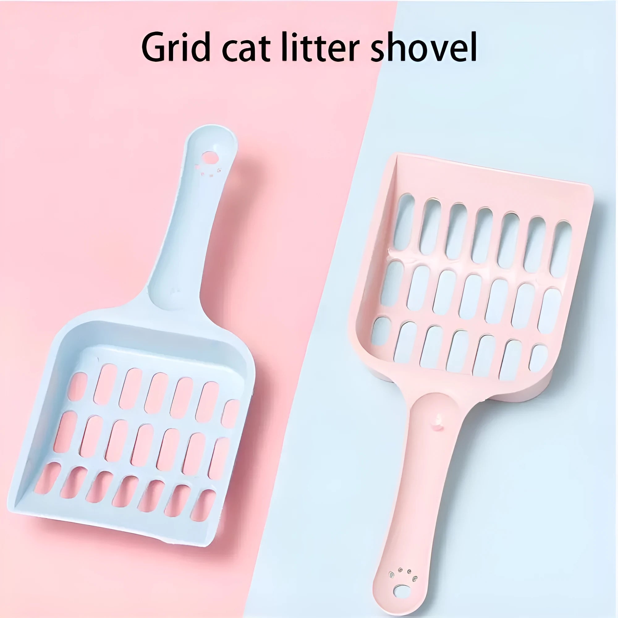 Blue plastic cat litter scoop for cleaning pet litter trays, shown with measurements.